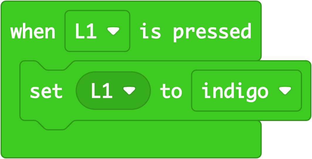 Makecode blocks demonstrating the L1 event turning the L1 LED on and set to indigo